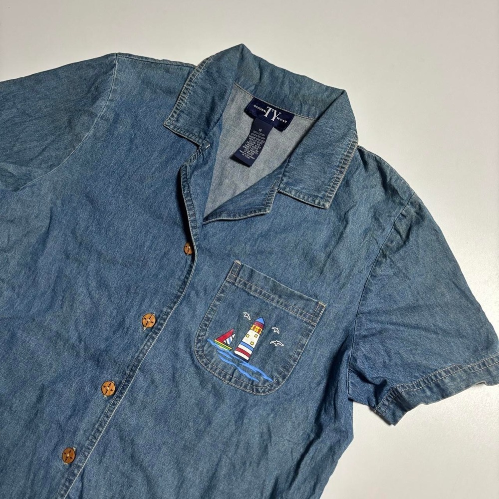 Vintage Blue TY Wear Chambray Lighthouse Button-Up - Women's 12 - Picture 2 of 6
